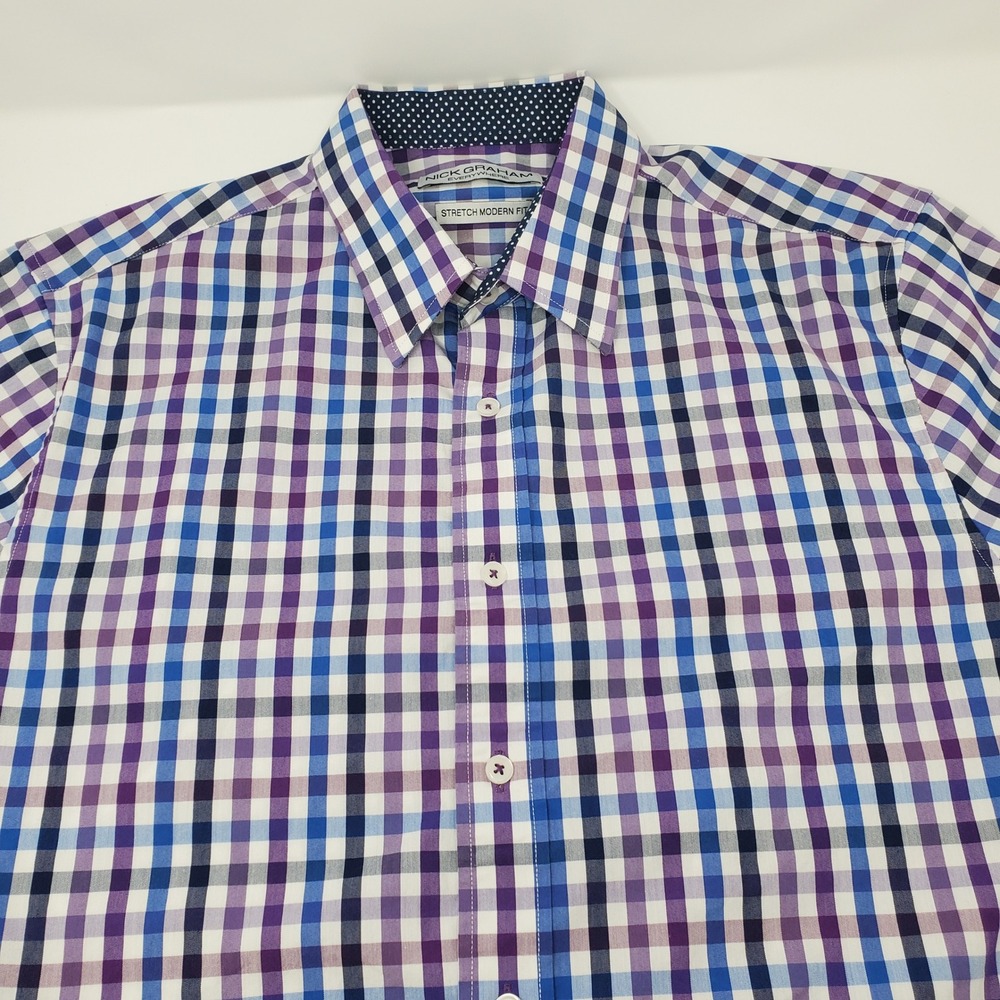 Nick Graham Button-Down Mens L Everywhere Stretch Modern Fit Purple Blue Check